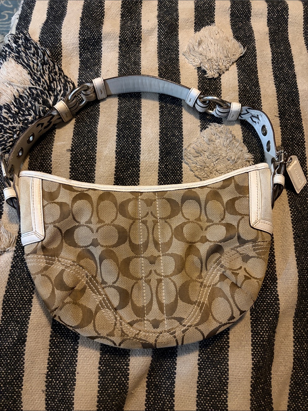 Vintage Coach SoHo Y2K Khaki Signature Canvas Shoulder Bag with White Trim